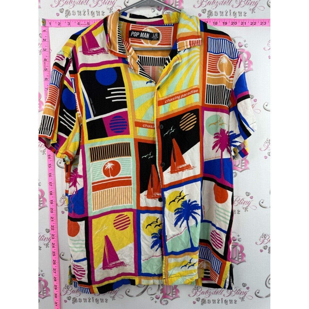 Pop man top Men’s Short-Sleeve Graphic Button-Down Shirt Multicolor Patch Print